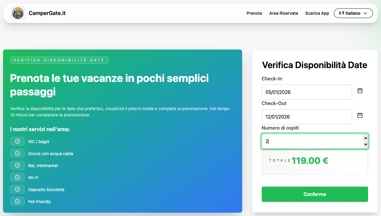 Dashboard CamperGate - Gestione completa area di sosta